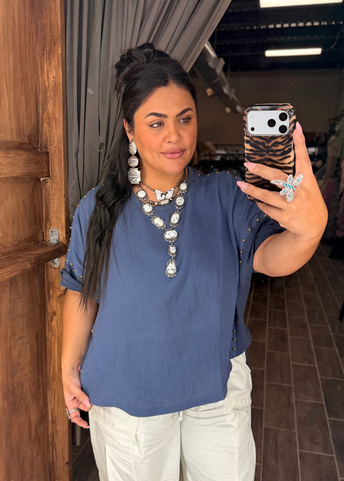Denim Blue Hi Lo Studded Top
