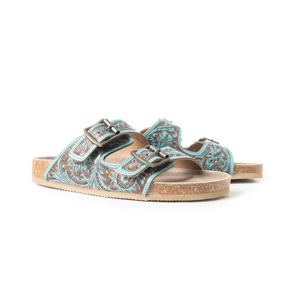 Tanned Turquoise Hand Tooled Leather Sandals