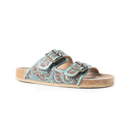 Tanned Turquoise Hand Tooled Leather Sandals