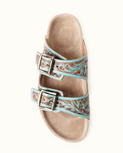 Tanned Turquoise Hand Tooled Leather Sandals