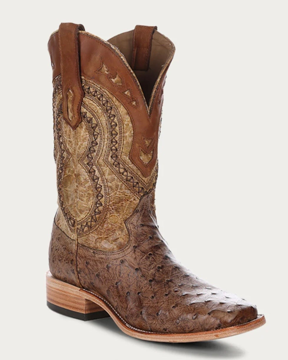 Men’s Embroidery Squared Toe Ostrich Boot
