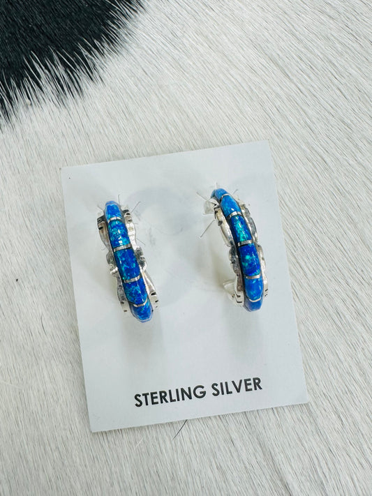 Small Blue Opal Hoop Earrings