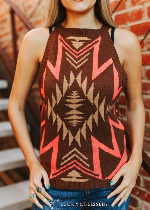 Brown Aztec Halter Knit Top