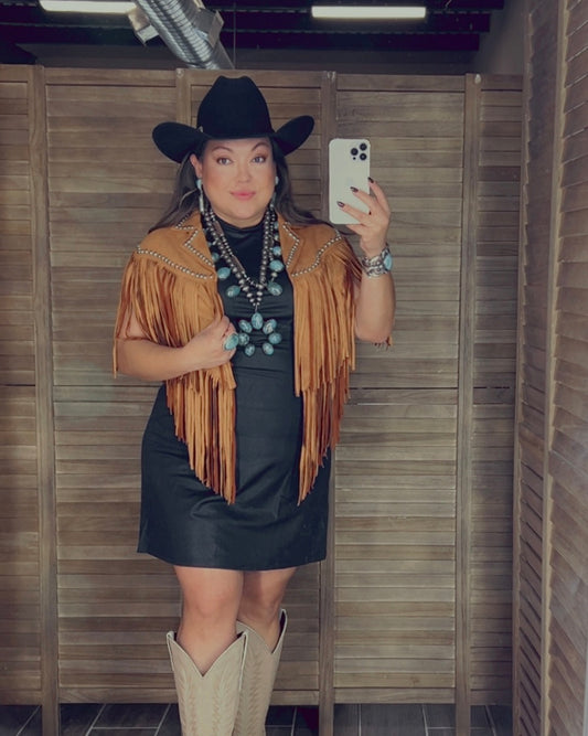 Camel Studded Fringe Collar Shoulder Shrug