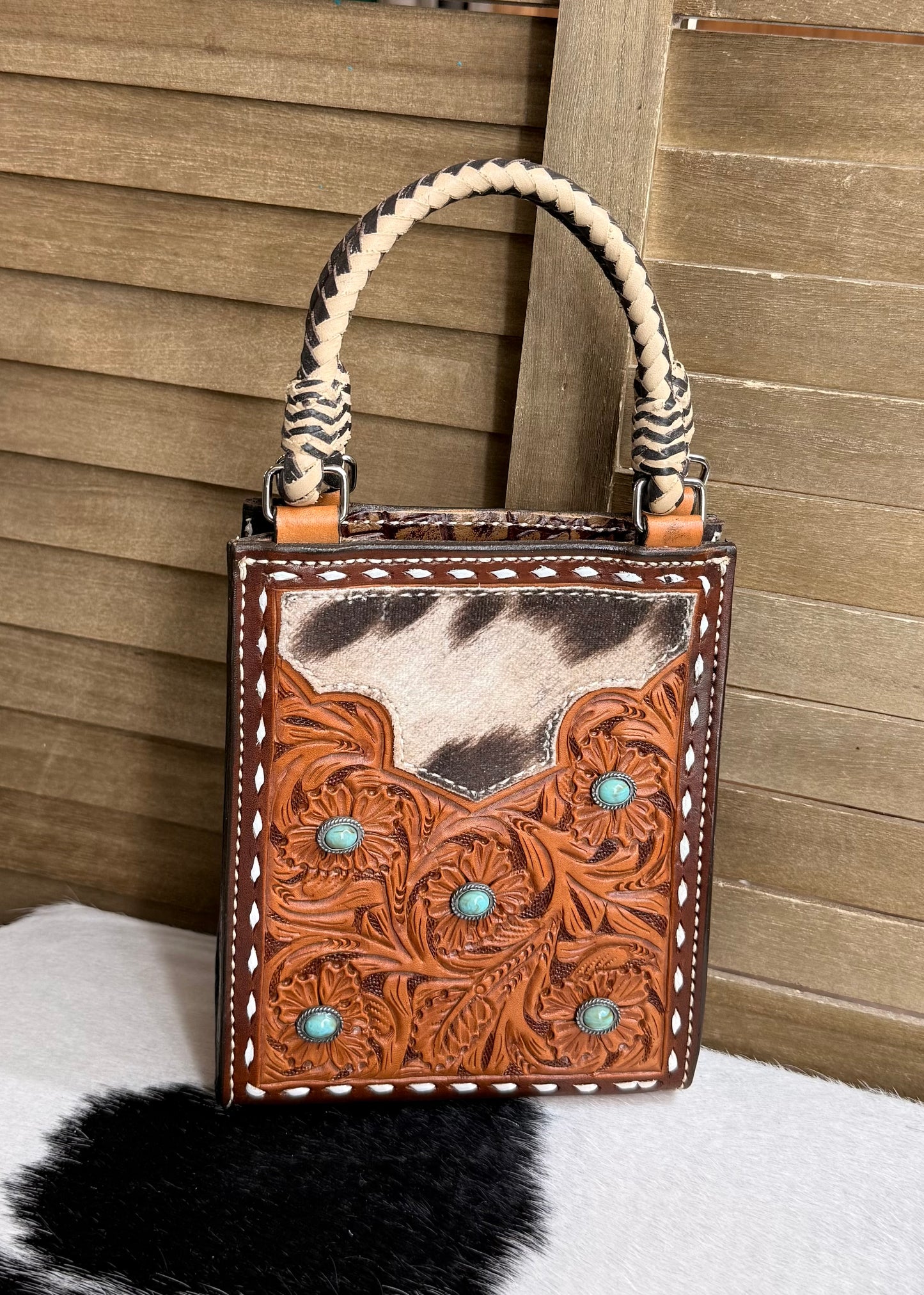 Floral Leather Boxy Handbag AS