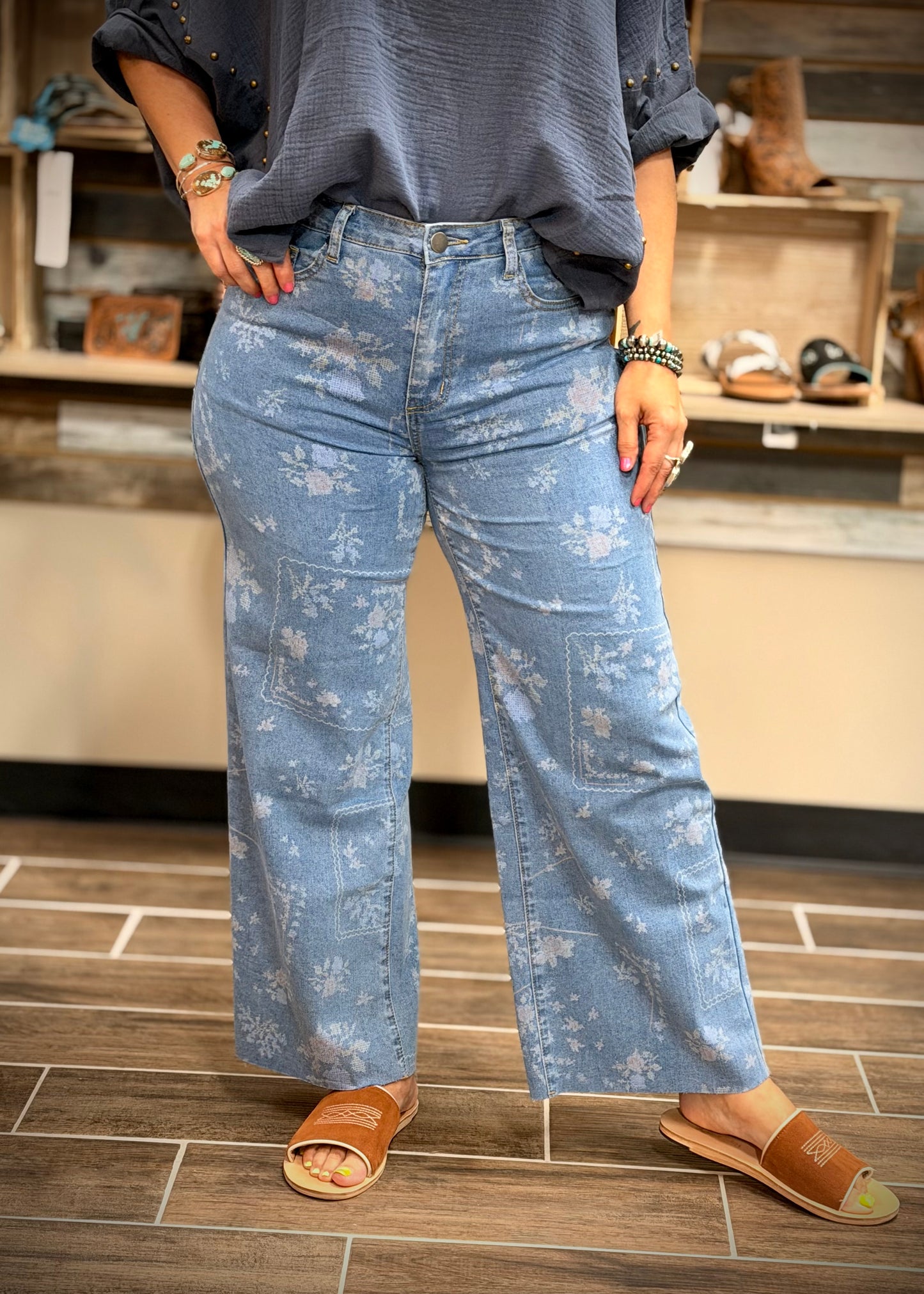 Floral Washed Denim Pants