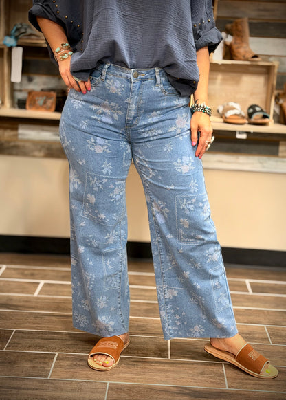 Floral Washed Denim Pants
