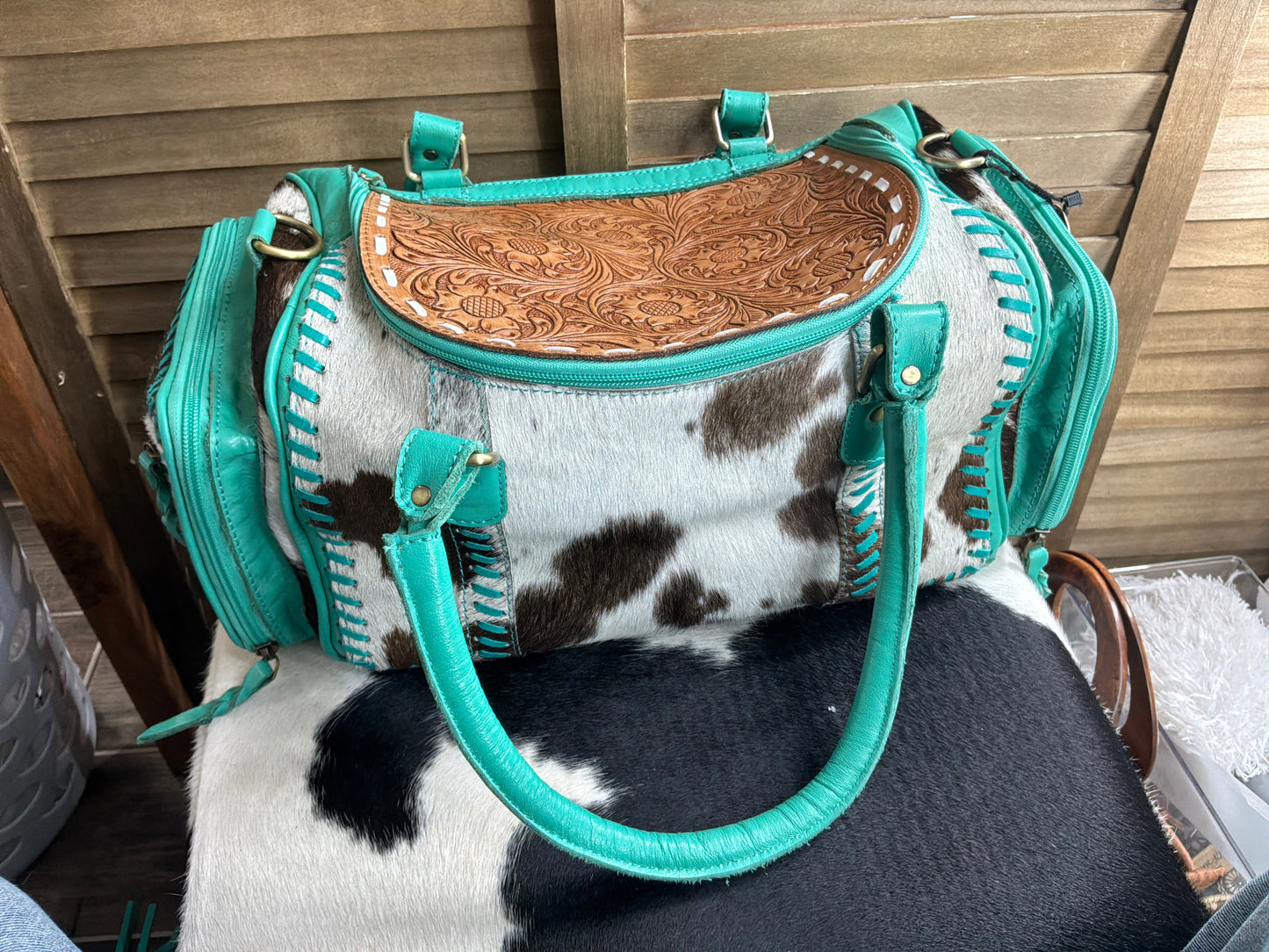 Aqua Saddle Cowhide Weekender