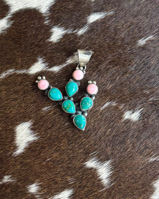 Turquoise & Pink Conch Cactus Pendant * Native