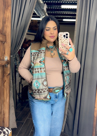Aztec Teal Puffer Reversible Vest