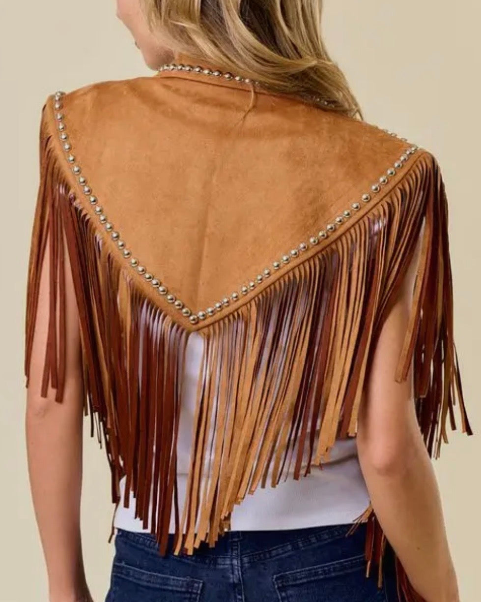 Camel Studded Fringe Collar Shoulder Shrug