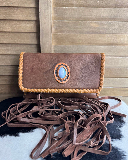 AD Stone Fringe Leather Crossbody