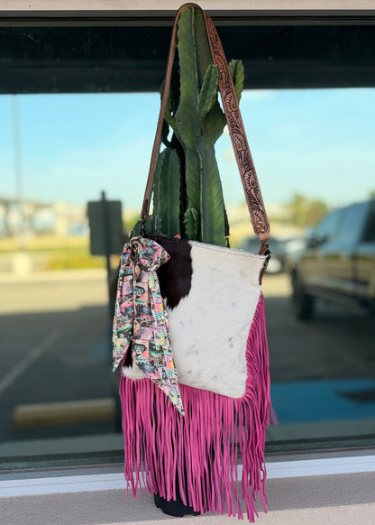 AD Pink Fringe Cowhide Crossbody Purse