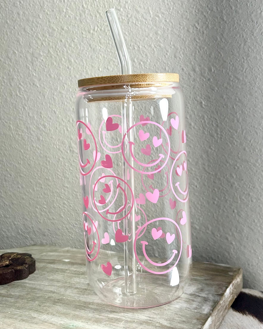 Pink, Happy Face Glass Cup