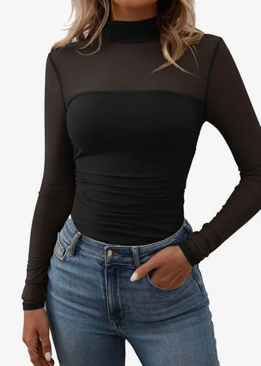 Black Mesh Long Sleeve Top