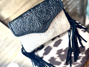 Black Fringe Tooled Crossbody