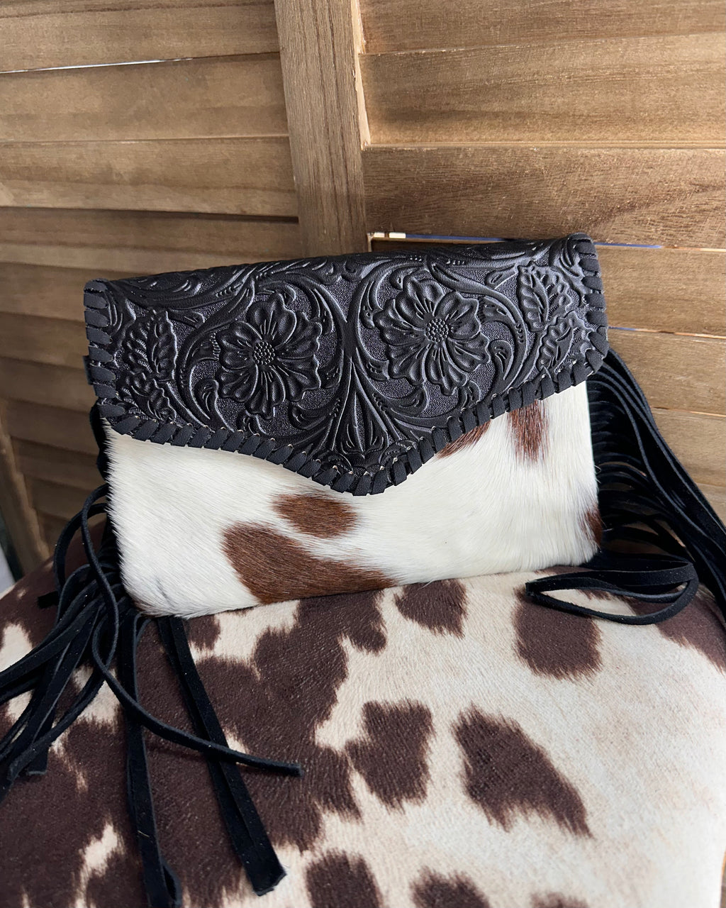 Black Tooled Leather Fringe Bag