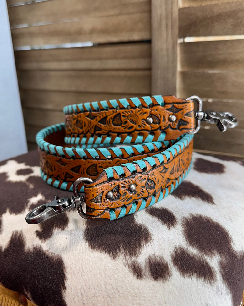 40” Tooled Turquoise Bag Strap 1.5”