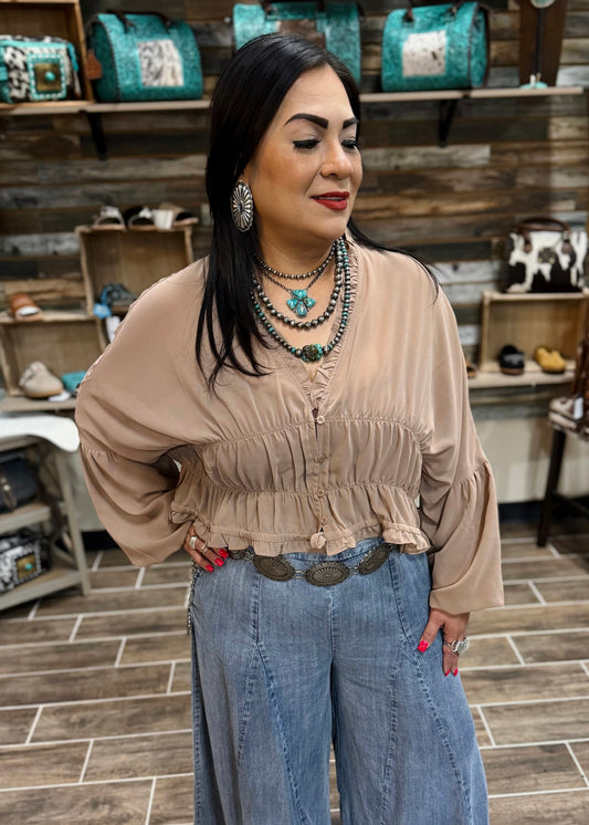 Mocha Sheer Ruffle Blouse
