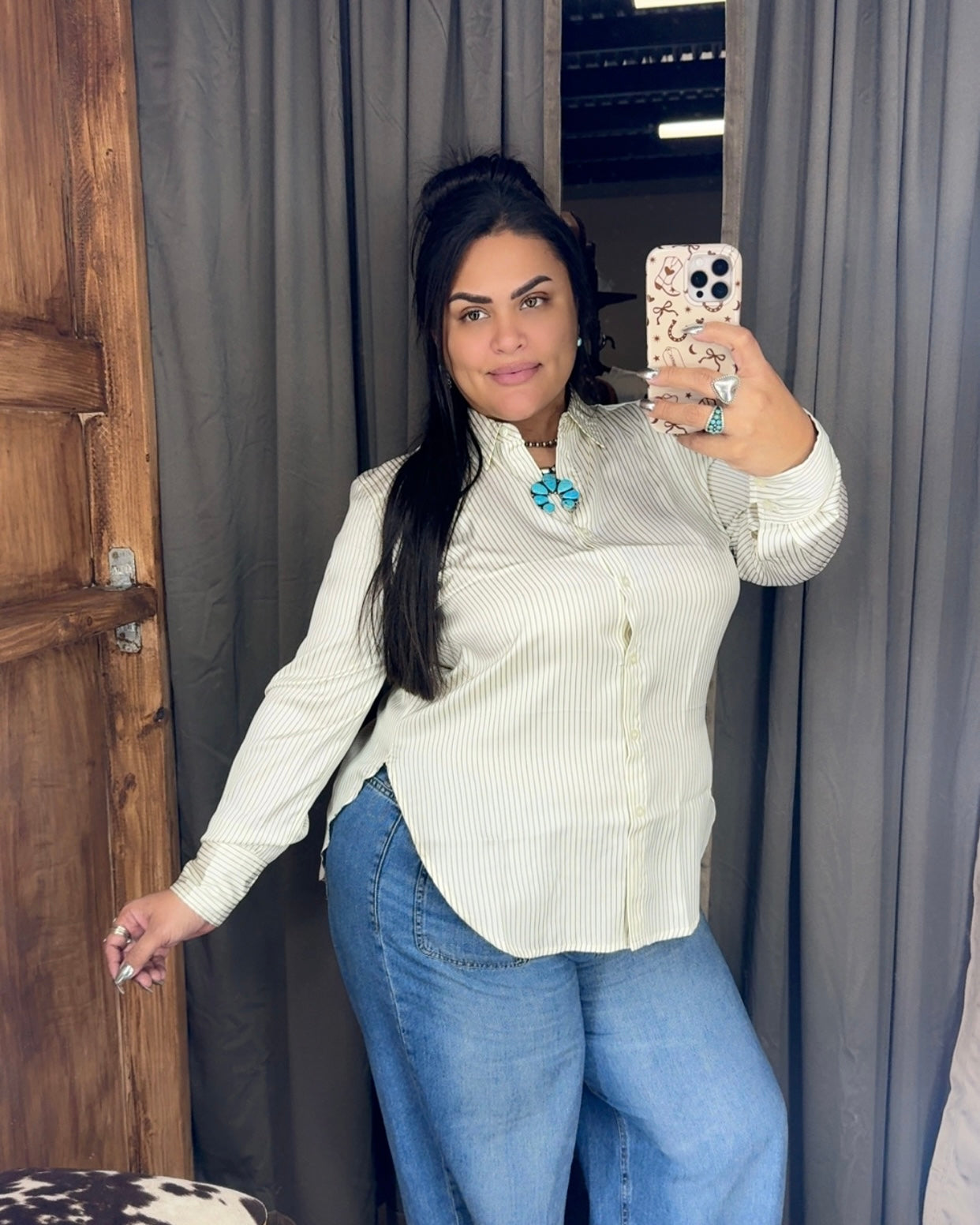 Olive Striped Button Up Top