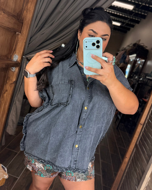 Ruffle Denim Black Top