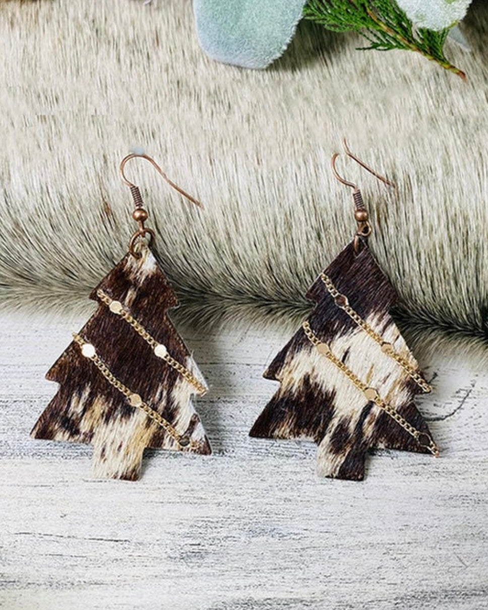 Cowhide Christmas Tree Earrings