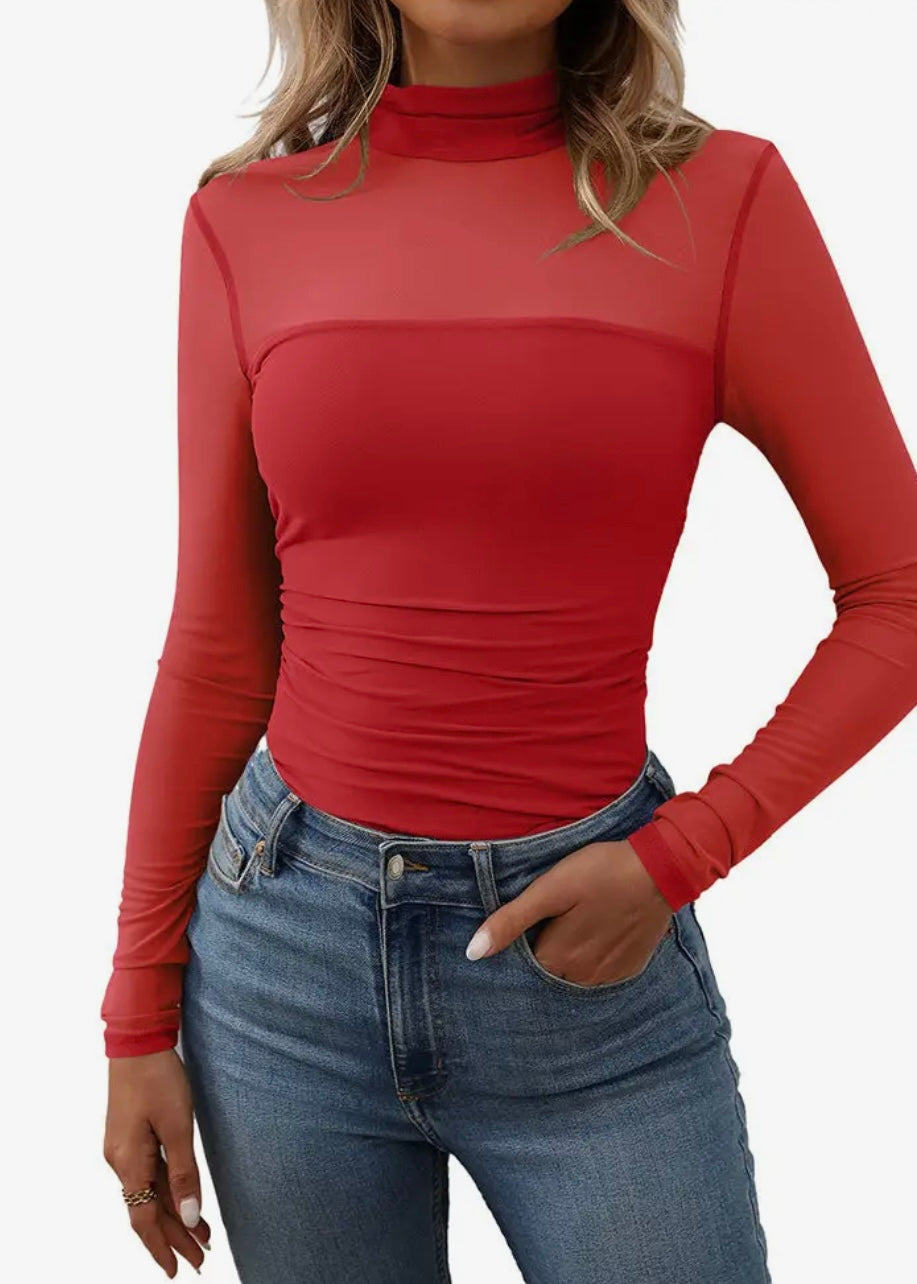 Red Mesh Long Sleeve Top