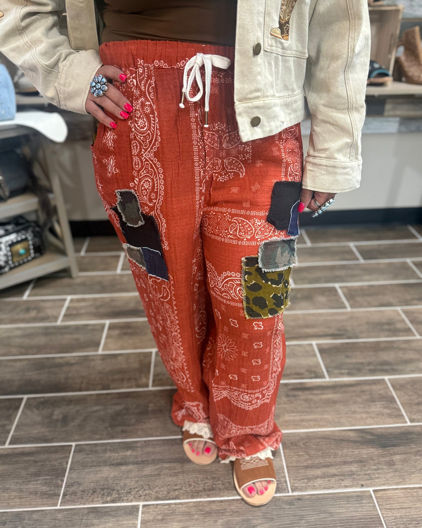 Rust Bandana Patchwork Linen Pants