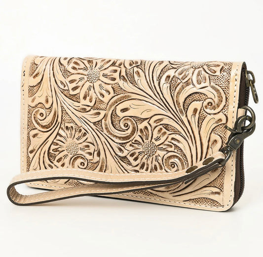 Tan Tooled Zipper Wallet