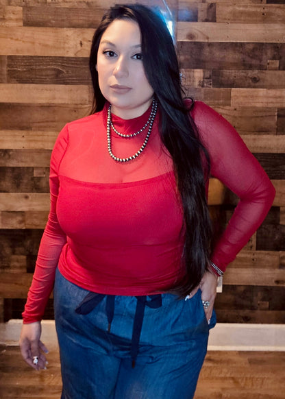 Red Mesh Long Sleeve Top