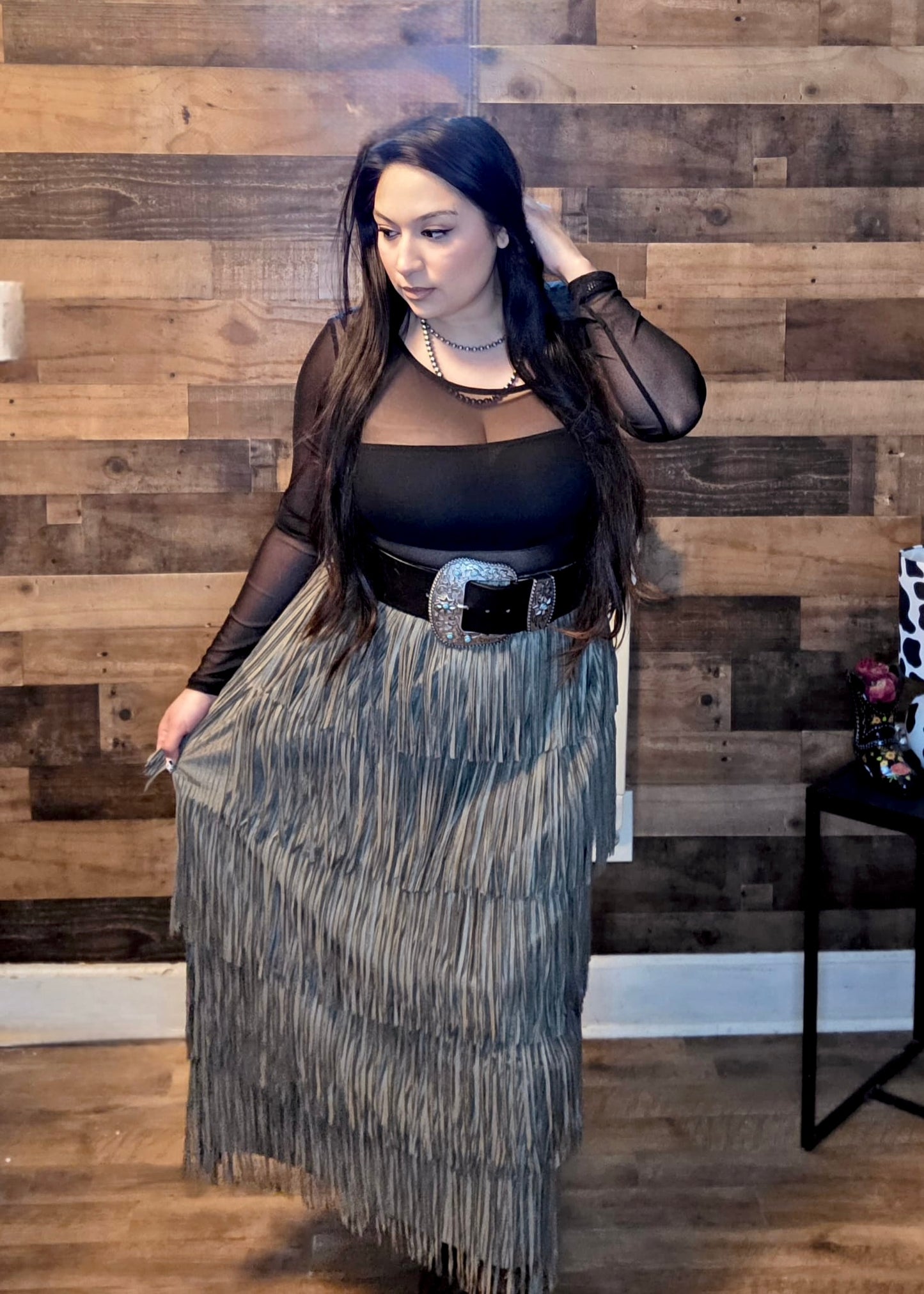 Olive Layered Fringe Skirt