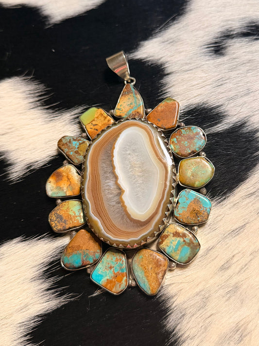 Agate Turquoise Cluster Pendant *German Silver