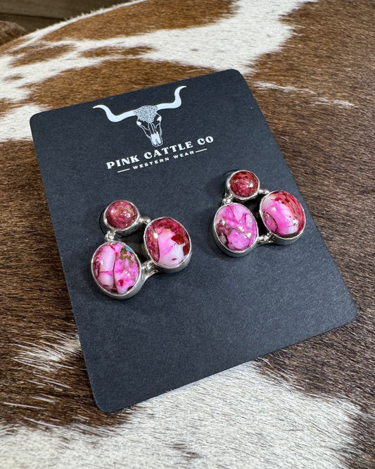 Tri Cluster Pink Dahlia Stud Earrings *Native