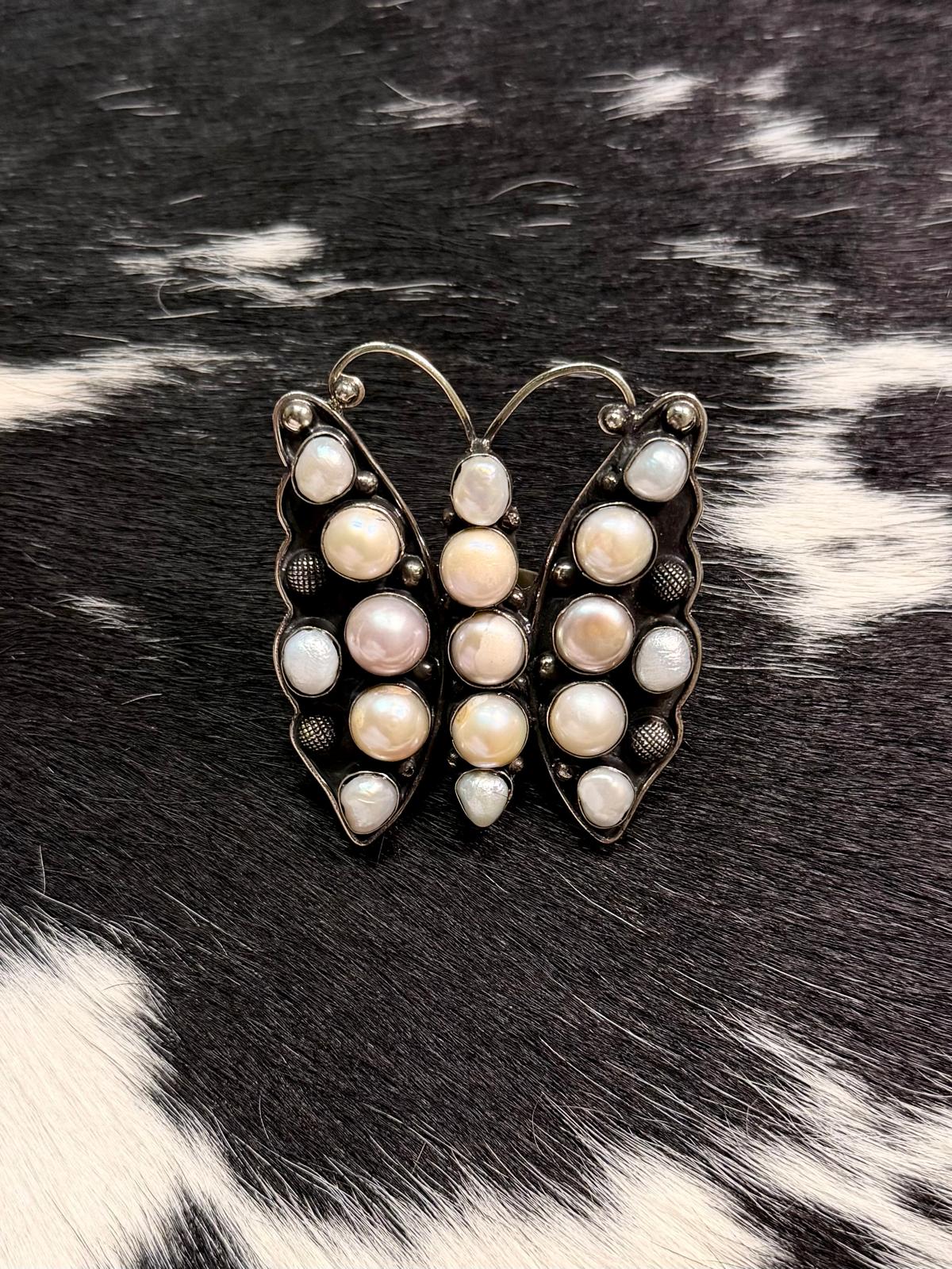 German Silver Freshwater Pearl Butterfly Ring