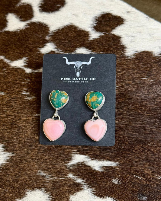 Pink & Green Double Heart Earrings *Native
