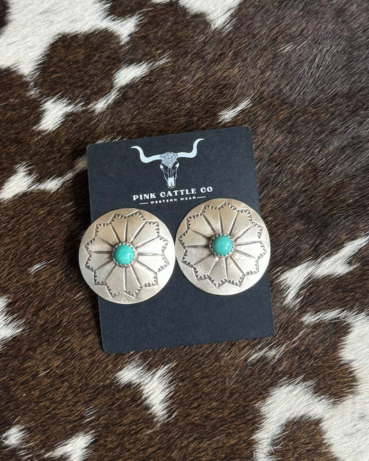Round Turquoise Concho Earrings *Native
