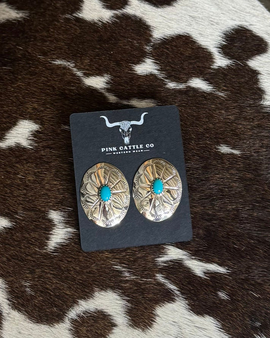 Oval Turquoise Concho Earrings *Native