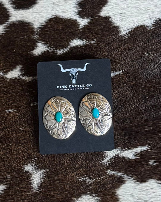 Oval Turquoise Concho Earrings *Native