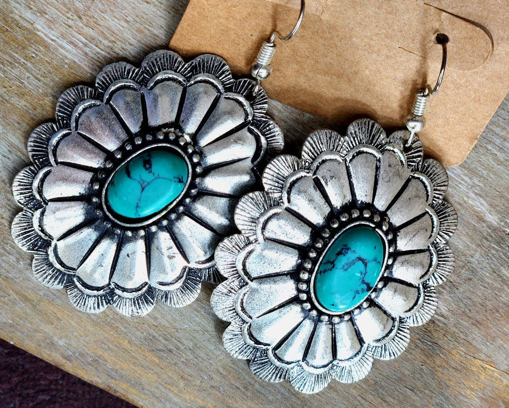 Silver Turquoise Stone in center Dangling Earrings