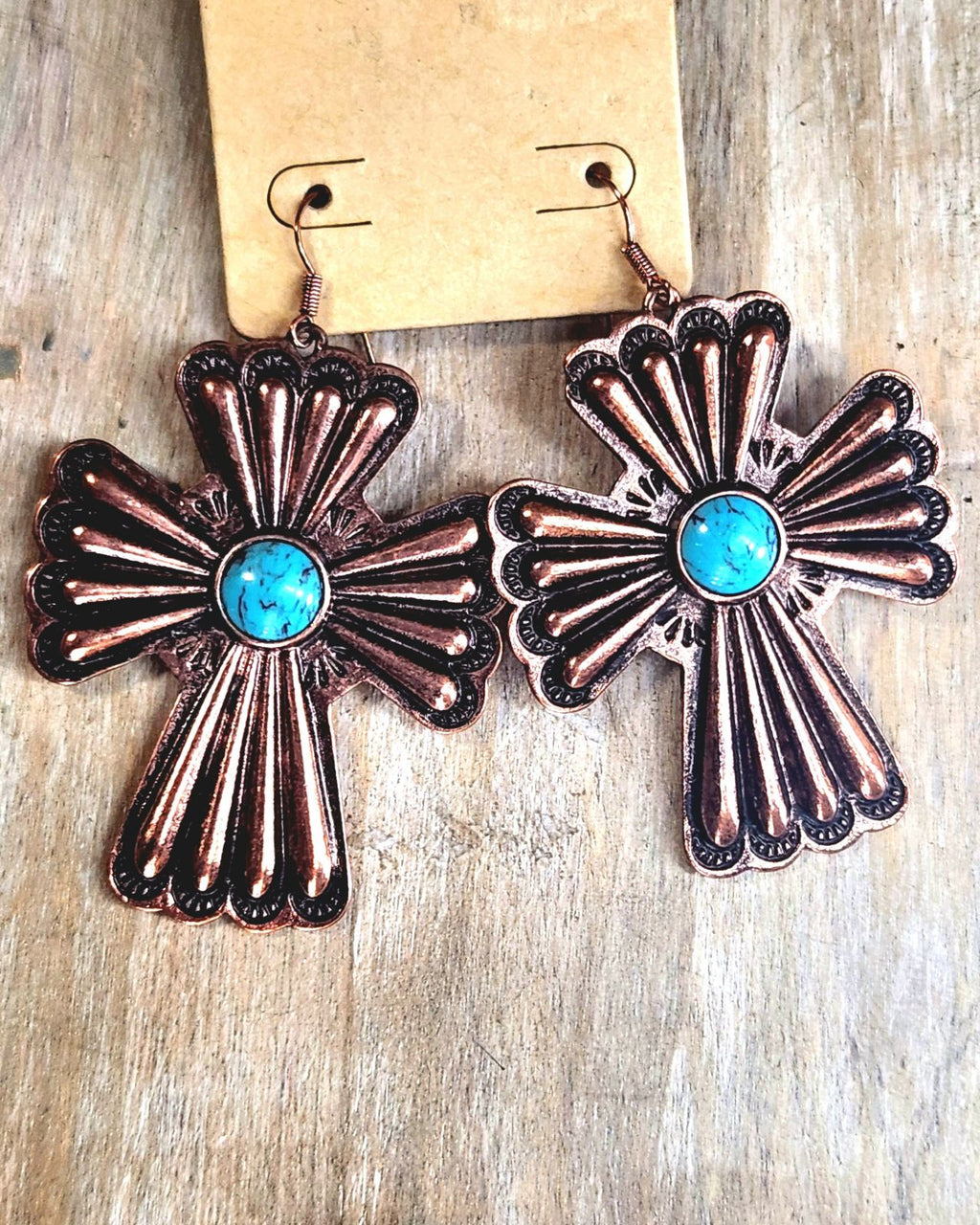 Copper cross with turquoise center stone Dangle Earrings