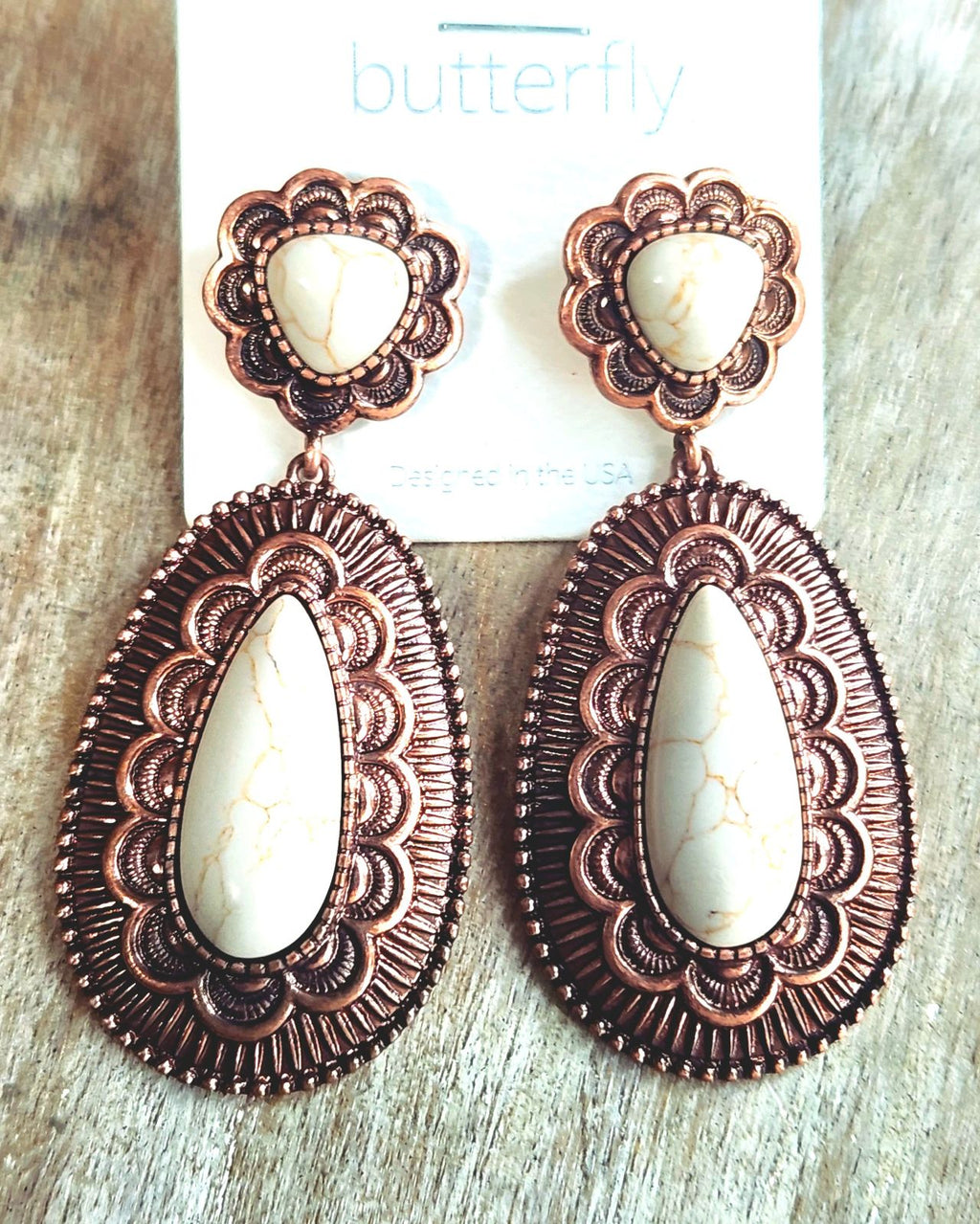 Copper with cream stone dangle earrings