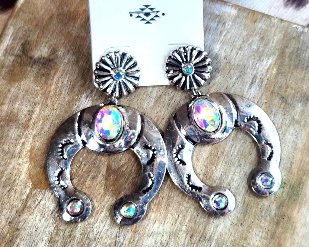 Silver Squash Blossom with rhinestone dangle earrings