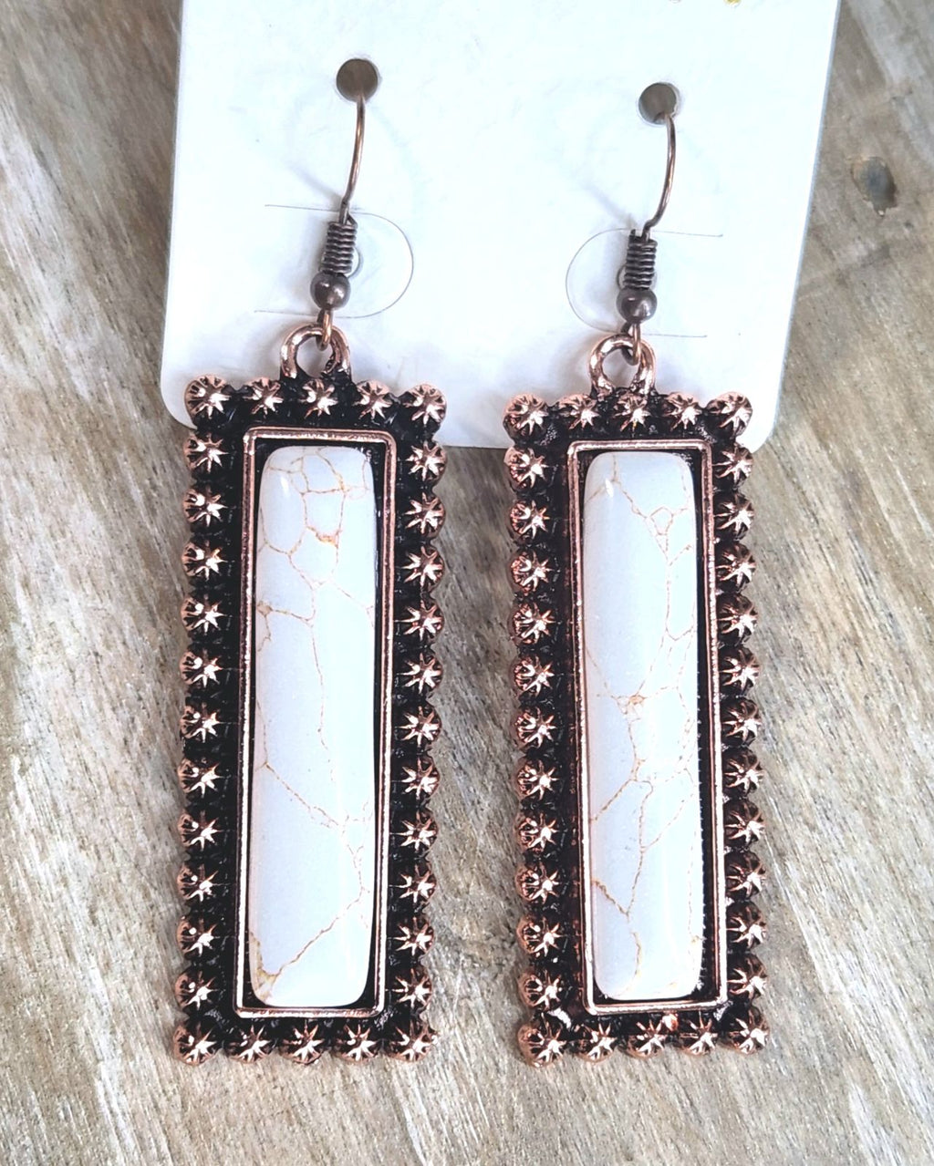 Rectangle copper with White Stone Dangle Earrings