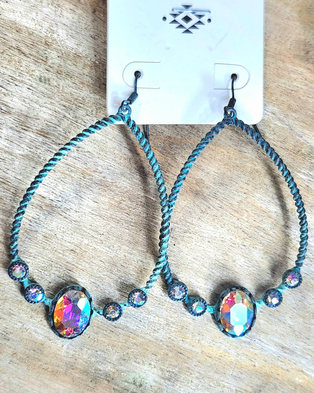 Patina thin hoop with rhinestone dangle earrings