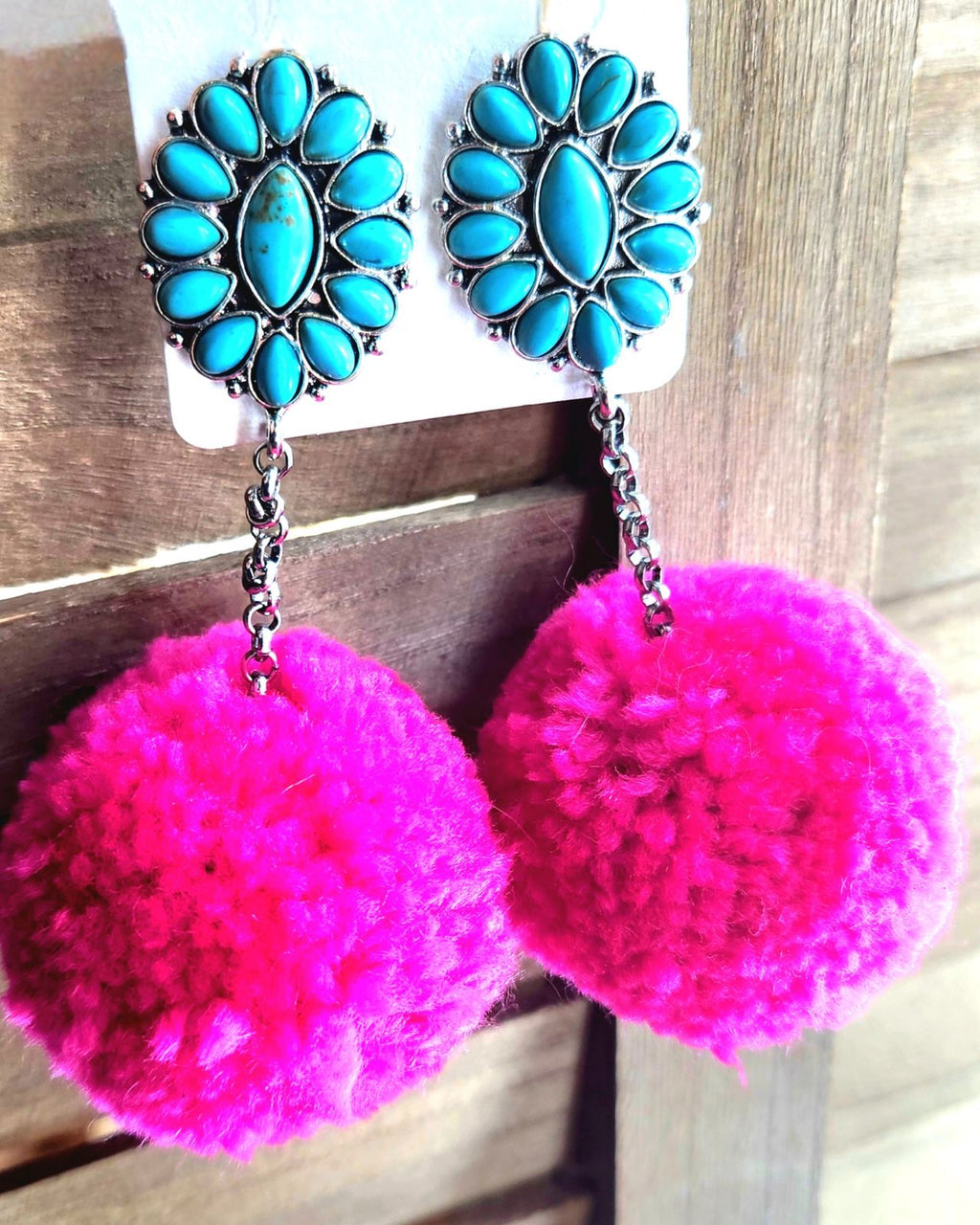 Turquoise stud with pink dangle pom-poms