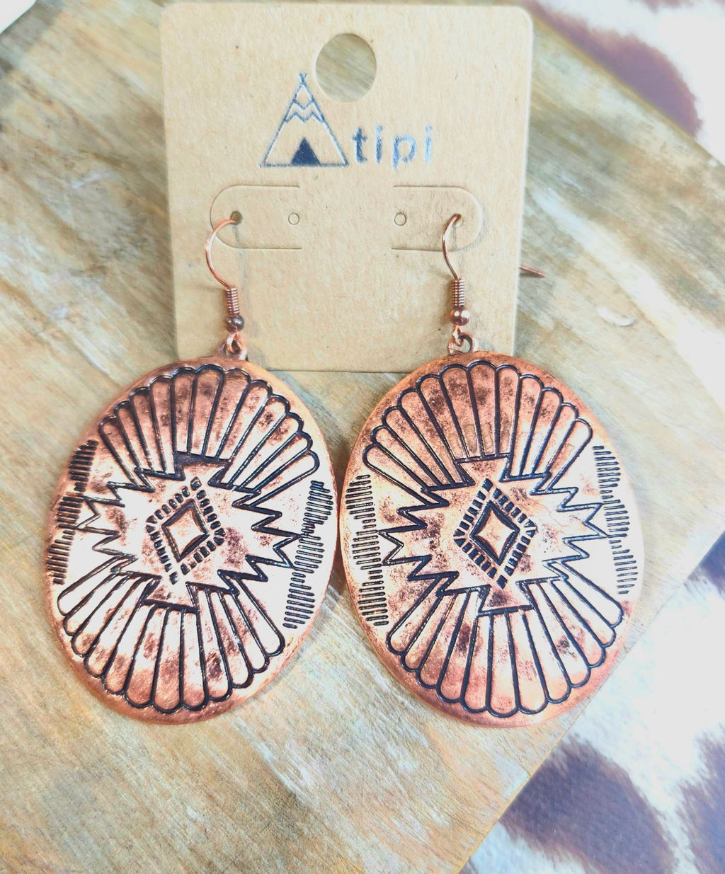 Copper Aztec round dangle earrings