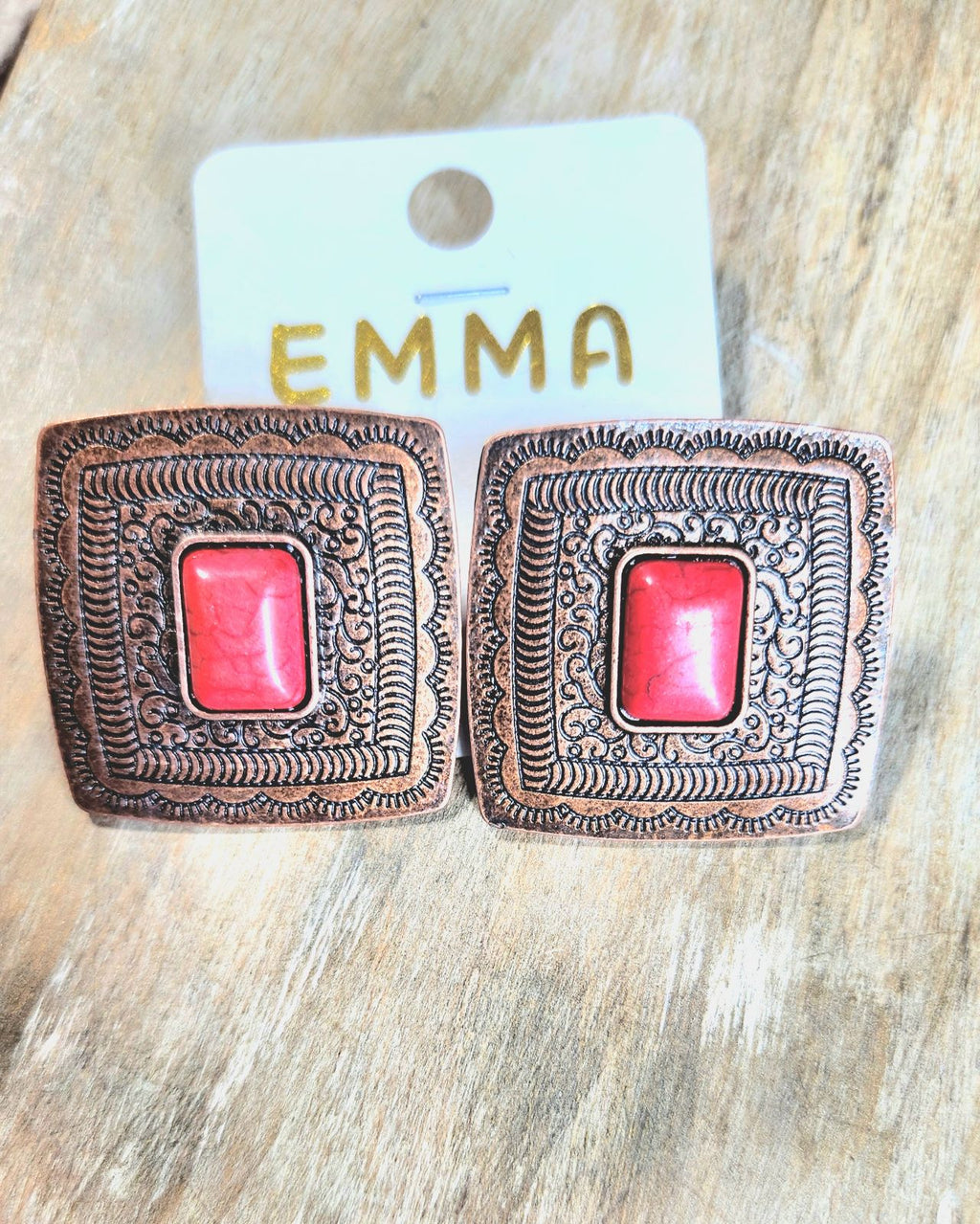 Copper square with red Stone stud earrings