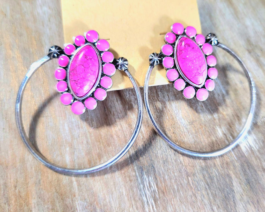 Pink flower stone hoop dangle earrings