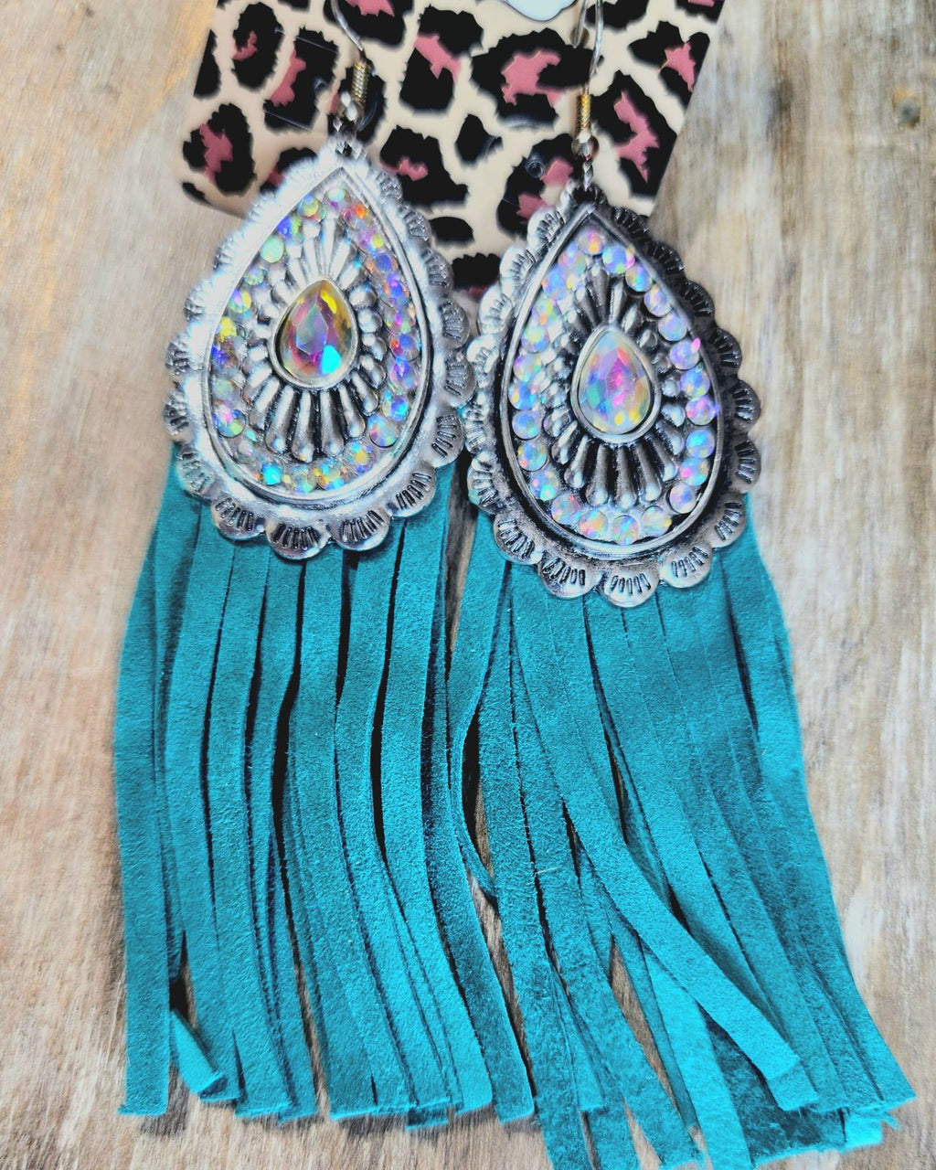 Large turquoise Fringe rhinestone earrings
