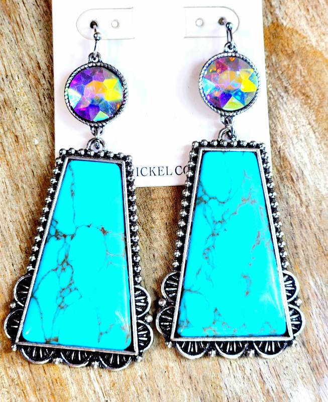 Large dangle Turquoise & rhinestone earrings